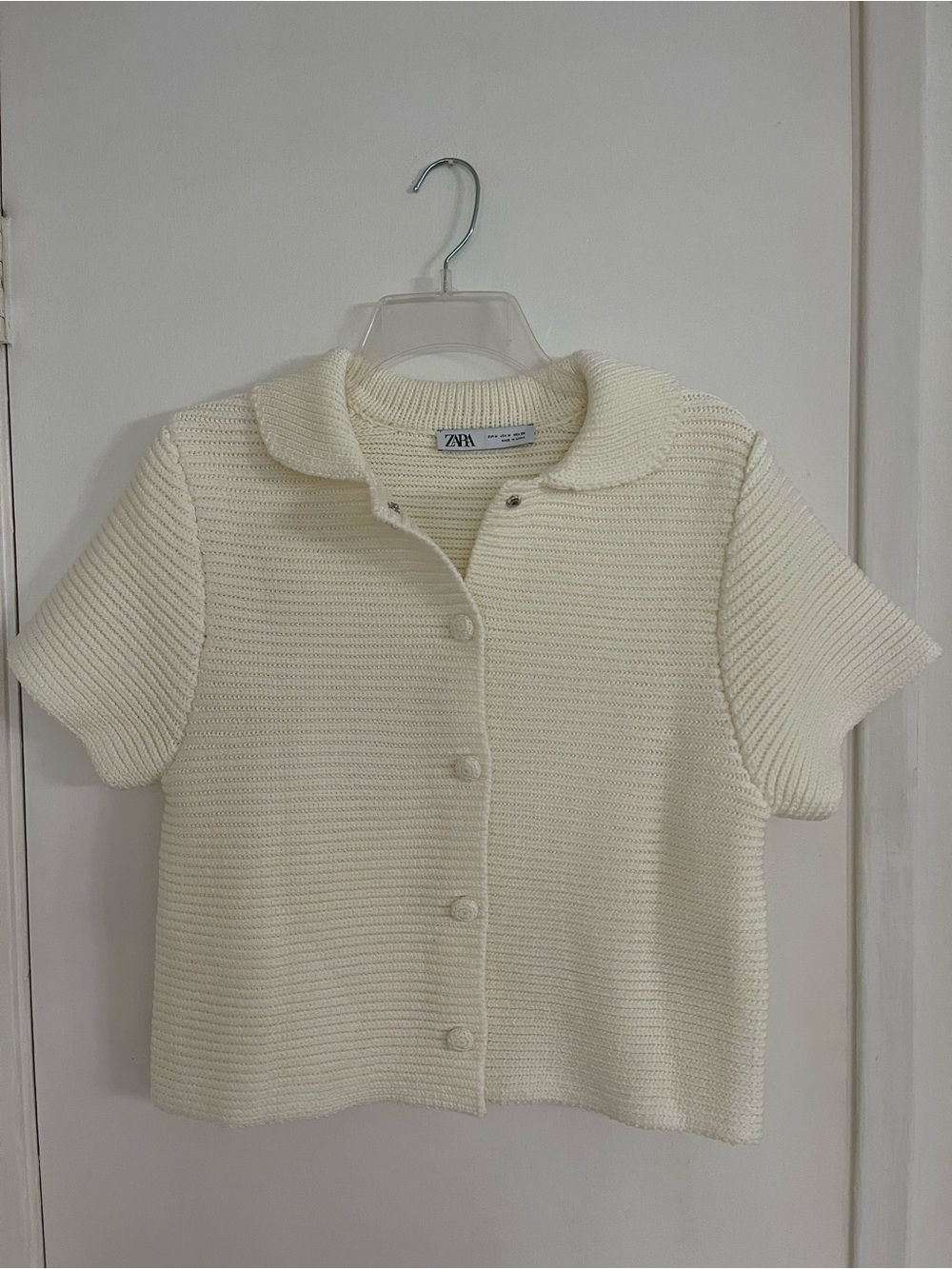 Zara Ivory Ribbed Short Sleeve Button Cardigan